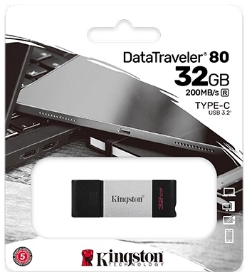 Флеш накопитель USB 3.2 32Gb Kingston DataTraveler 80 (DT80/32GB, OTG Type-C, 200MB/s, black-silver)