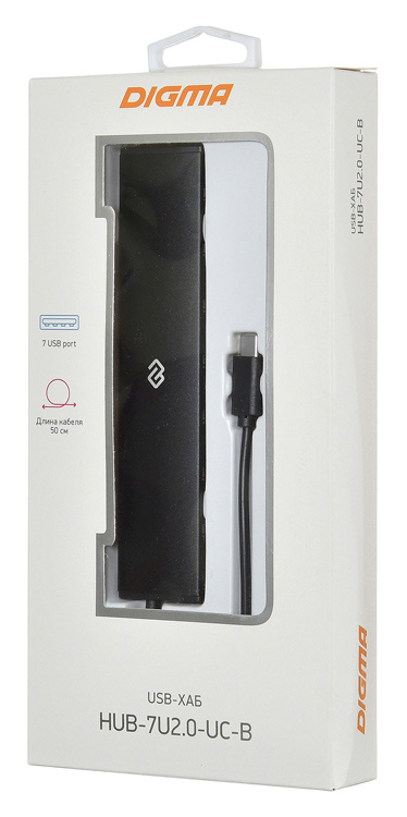 USB 2.0 HUB Digma HUB-7U2.0-UC-B (Type-C, 7 портов, активный, 0.5m, black)