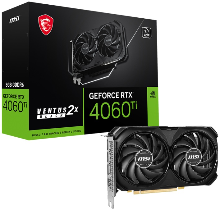 Видеокарта MSI GF RTX4060Ti 8Gb (RTX4060Ti VENTUS 2X BLACK 8G, 128bit, GDDR6, HDMI+3xDP) RTL