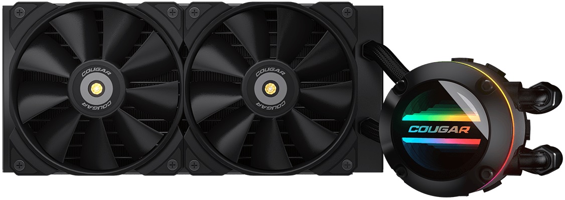 Водяное охлаждение Cougar Poseidon GT240 (1150/1151/1155/1156/1200/1366/1700/2011/2066/TR4/TRX4/FM1/FM2/AM2/AM3/AM4/AM5, Радиатор: Al, Водоблок: Cu, 2 вентилятора: 120mm, 600-2000rpm, <35dBa, 4pin, PWM, Помпа: 3200rpm, 3pin, 250W, ARGB, black) RTL