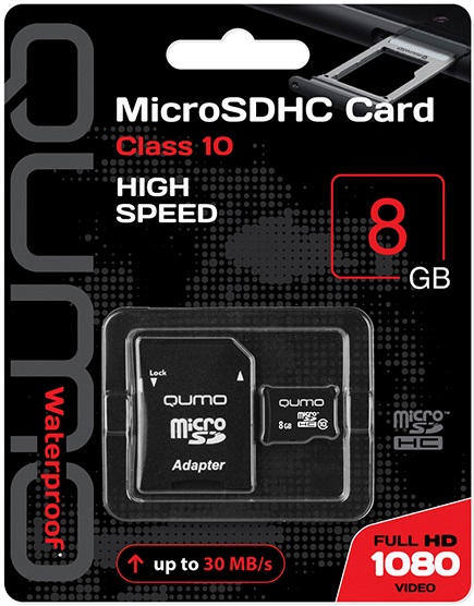 Карта памяти SDmicro Card 8Gb QUMO (QM8GMICSDHC10, Class 10, 30MB/s, адаптер SD)
