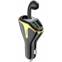 Гарнитура автомобильная (Handsfree) hoco E47 Traveller (вкладыш моно правый, беспроводная, Bluetooth 5.0, с микрофоном, до 2.5 часов работы от батареи, зарядное устройство в прикуриватель, 2*USB 3.1A, быстрая зарядка, black)
