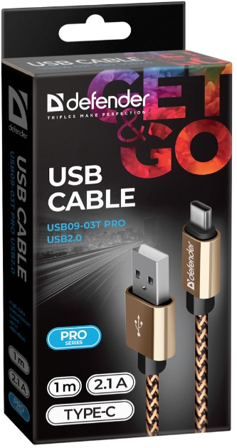 Кабель USB 2.0 Am - Type-C 1.0m (USB09-03T PRO, 2.1A, нейлоновая оплётка, gold) Defender