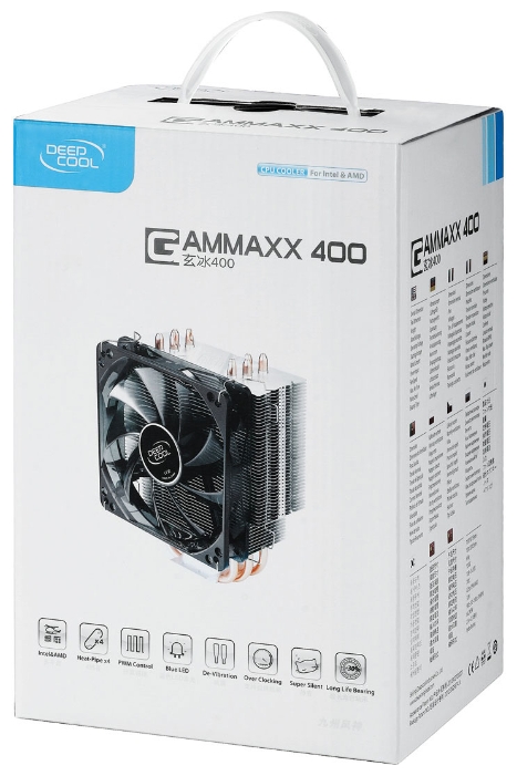 Вентилятор DEEPCOOL GAMMAXX 400 (1150/1151/1155/1156/1366/2011/775/AM2/AM3/FM1/FM2, 120mm, Al, Hydro, 900-1500rpm, 18-30dBa, 4 тепловые трубки, DTH, 4pin, blue LED, 130W) RTL
