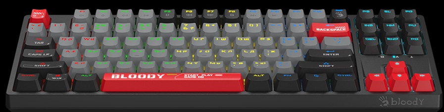 Клавиатура A4Tech Bloody S87 (USB, механическая, RED Switch, поддержка ПО Bloody KeyDominator (для создания макросов, профилей, полной настройки RGB подсветки), игровая, мультимедийная, Anti-Ghosting, 1.8m, energy red)