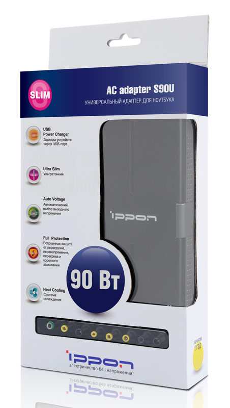Зарядное устройство для ноутбука Ippon S90U (вход 100-240V, выход 15-19.5V (автоопределение), USB 2A, 90W, black)