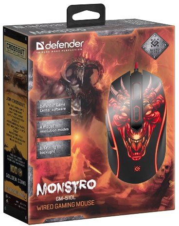 Мышь Defender Monstro GM-510L (USB, optical, 3200dpi, игровая, подсветка, промо-код "Crossout", 1.5m, black)