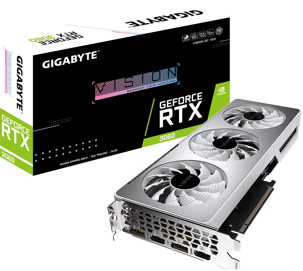 Видеокарта Gigabyte GF RTX3060 12Gb (GV-N3060VISION OC-12GD, 192bit, GDDR6, 2xHDMI+2xDP) RTL