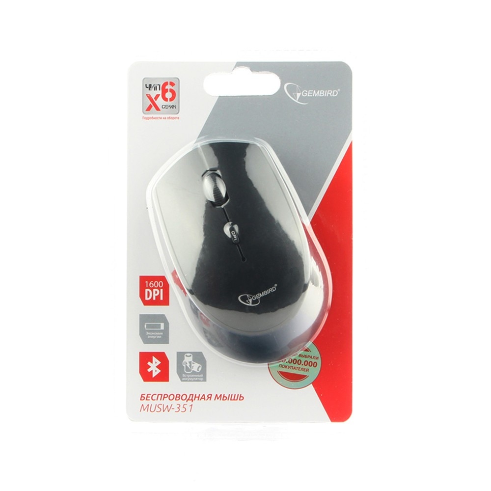 Мышь беспроводная Gembird MUSW-351 (Bluetooth, optical, 1600dpi, аккумулятор 400mAh, black)