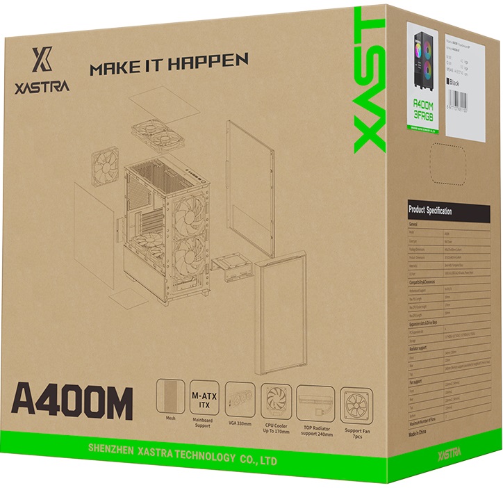 Корпус XASTRA A400M 3FRGB (без БП, mATX, USB3.0, 3x rainbow LED Fan, black)