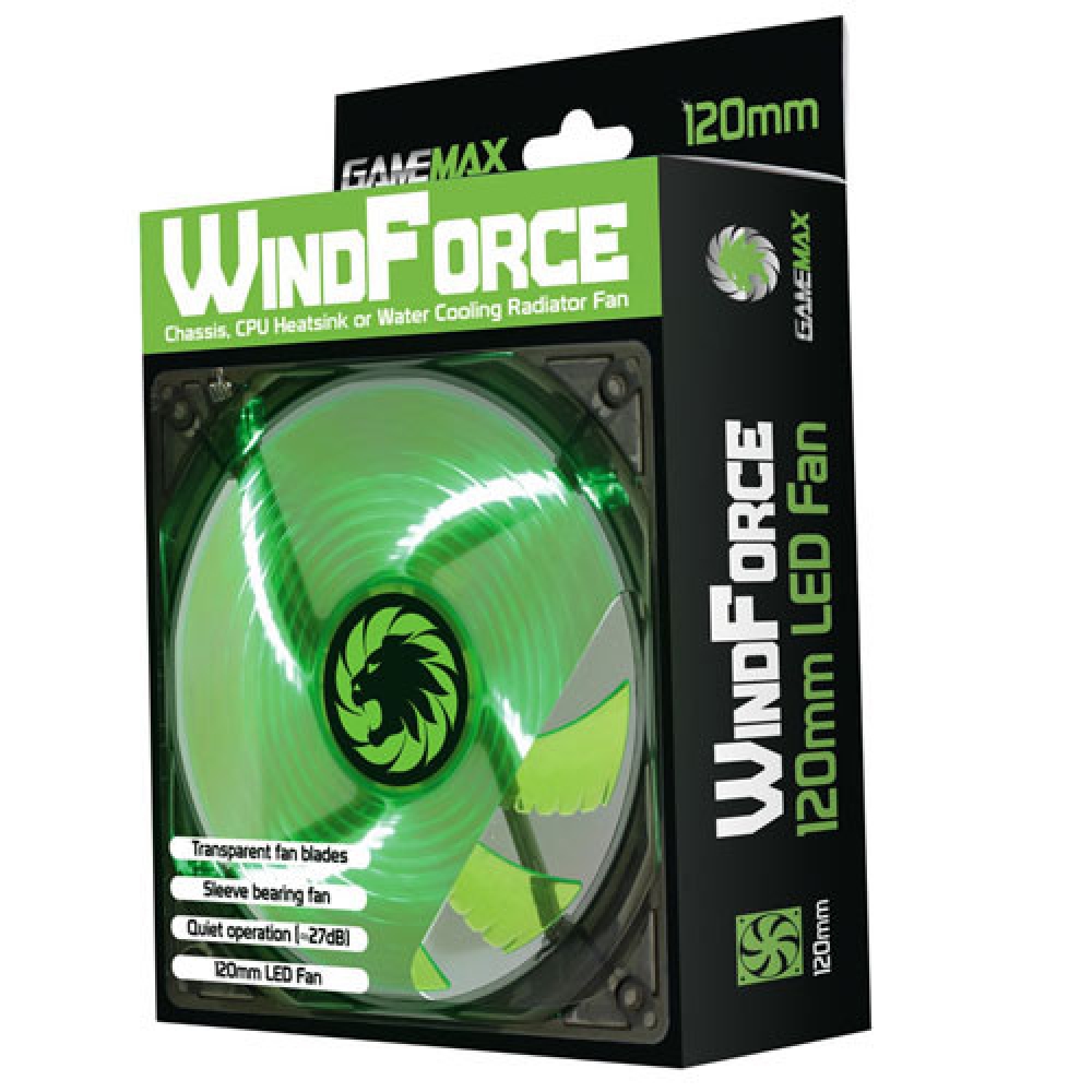 Вентилятор GameMax WindForce (GMX-WF12G) (120x120x25mm, sleeve, 1000rpm, 27dBa, 3+4pin, green LED, black-green) RTL