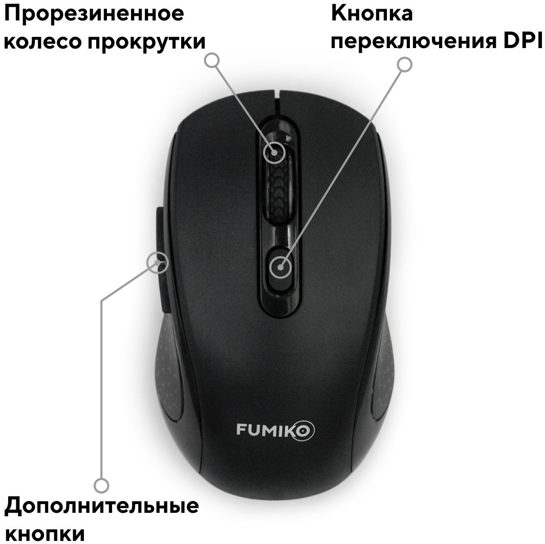 Мышь беспроводная FUMIKO QUICE FMA-14-K (optical, 1600dpi, AA (нет в комплекте), бесшумный клик, black)
