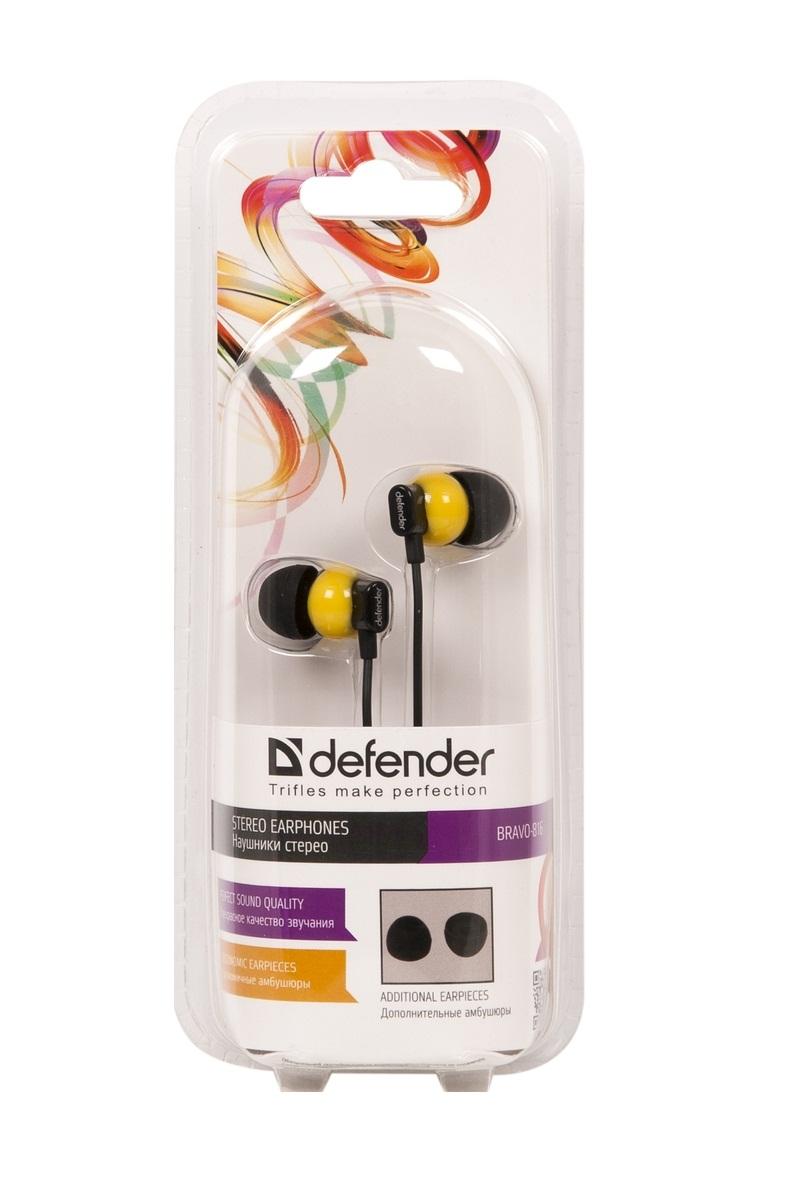 Наушники Defender Bravo 816 (затычки, для мобильных устройств, с микрофоном, 1.2m, black-yellow)