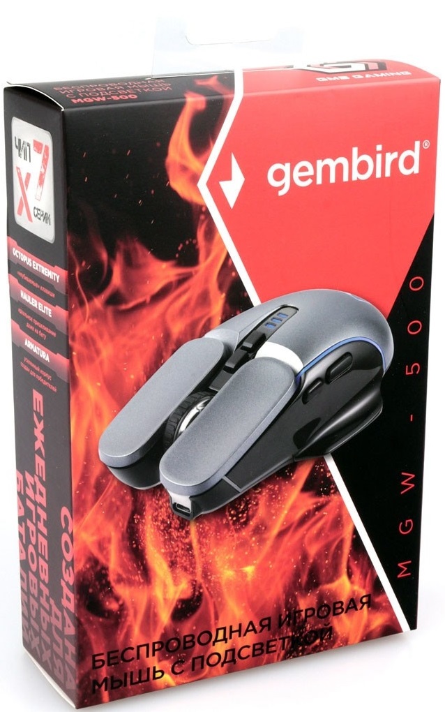 Мышь беспроводная Gembird MGW-500 (optical, 2400dpi, аккумулятор 1200mAh, RGB подсветка, игровая, black-grey)
