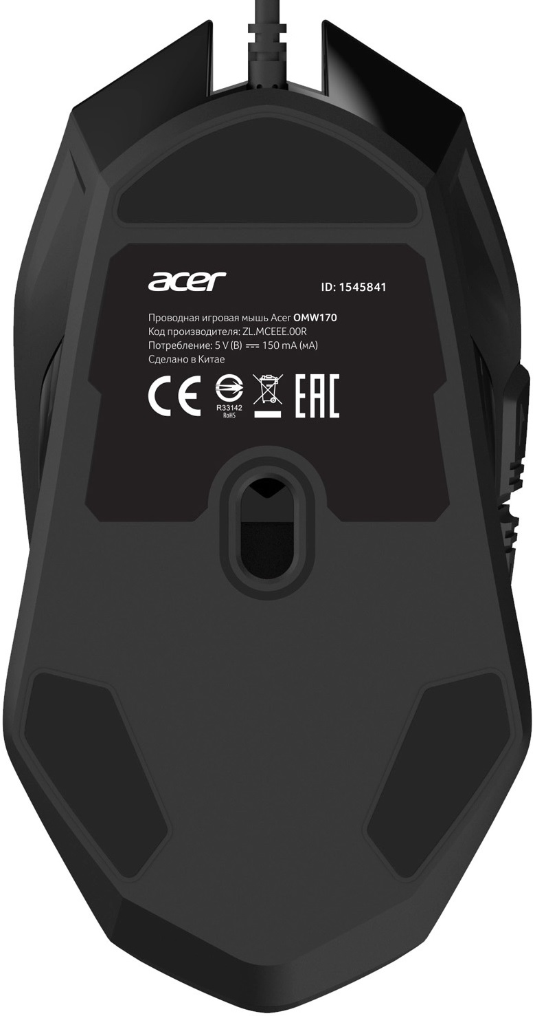 Мышь Acer OMW170 (ZL.MCEEE.00R) (USB, optical, 3200dpi, игровая, подсветка, 1.8m, soft-touch, black)