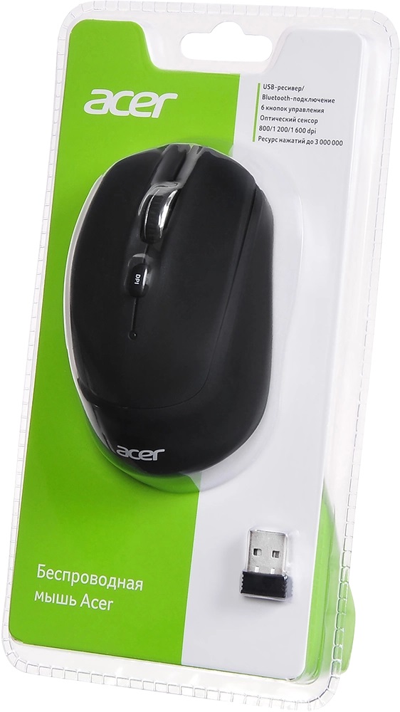 Мышь беспроводная Acer OMR050 (optical, 1600dpi, AA, soft-touch, black)