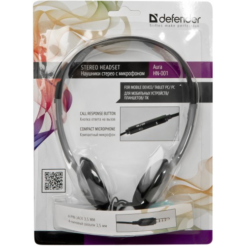 Наушники Defender Aura HN-001 (накладные открытые для мобильный устройств, микрофон, 1.2m, графит)