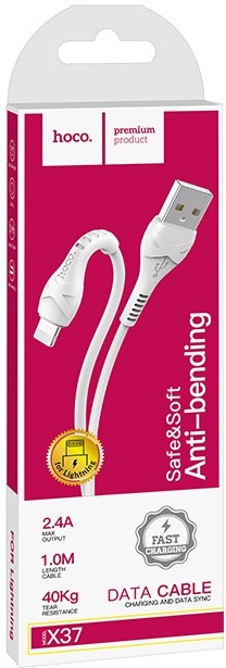 Кабель USB 2.0 Am - Lightning 1.0m (X37 Cool power, 2.4A, быстрая зарядка, white) hoco