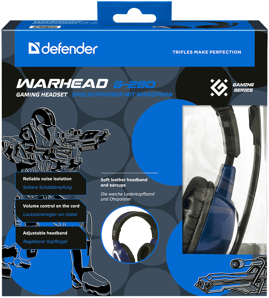 Наушники Defender Warhead G280 (полноразмерные закрытые, c микрофоном, игровые, 2.5m, black-blue)