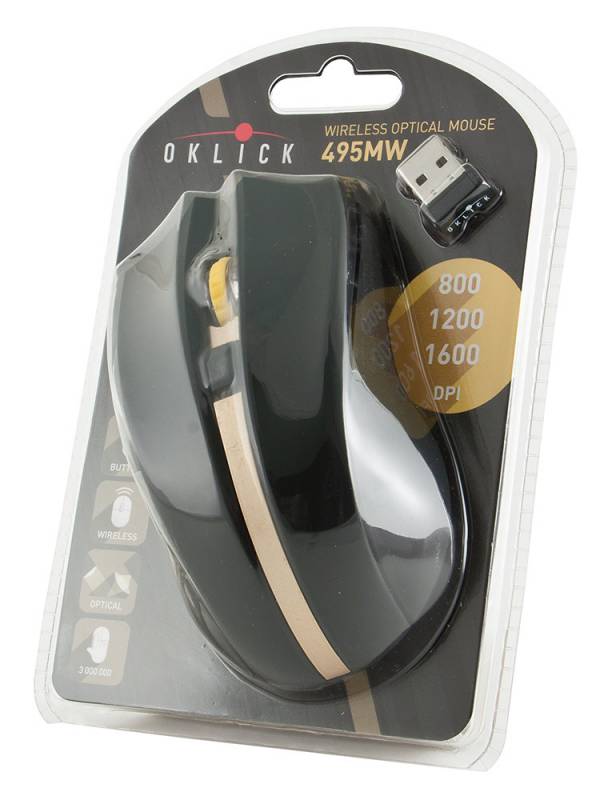 Мышь беспроводная Oklick 495MW (optical, 1600dpi, 2xAAA, black-gold)