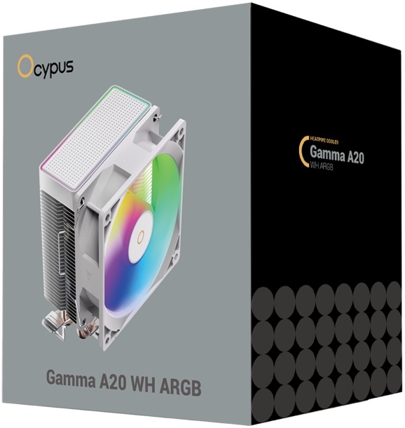 Вентилятор Ocypus Gamma A20 WH ARGB (1150/1151/1155/1156/1200/1700/1851/AM4/AM5, 92mm, Al, 1900rpm, 21dBa, 2 тепловые трубки, 3pin, RGB fixed LED, 90W, white) RTL