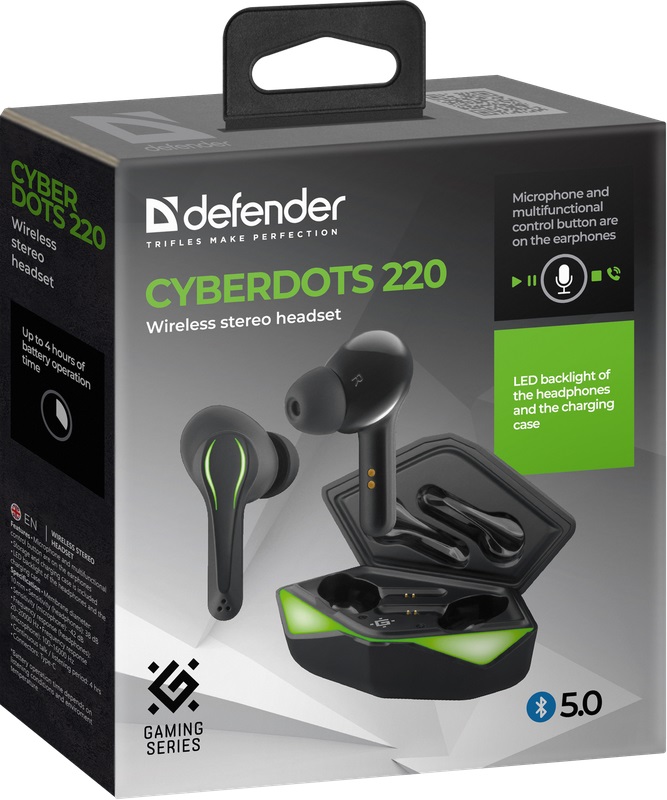 Гарнитура Defender CyberDots 220 (затычки, беспроводная, Bluetooth 5.0, с микрофоном, Type-C, до 4 часов работы от батареи, black)