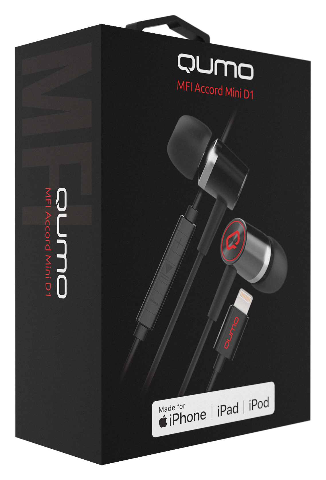 Гарнитура QUMO ACCORD Mini (D1) (затычки, для Apple Lightning 8pin, с микрофоном, 1.2m, black-red)