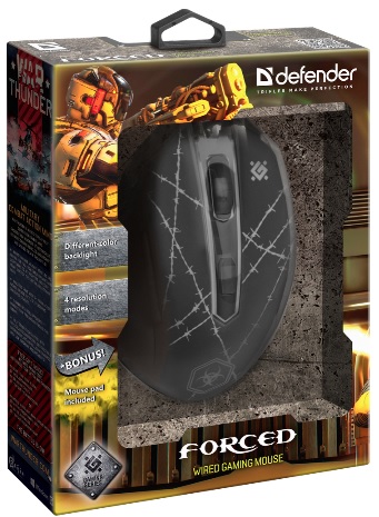 Мышь Defender Forced GM-020L (USB, optical, 3200dpi, игровая, подсветка, промо-код "War Thunder", black)
