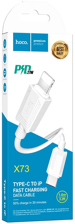 Кабель USB 2.0 Type-C - Lightning 1.0m (X73 iP PD, 3A, 27W, быстрая зарядка, PD, white) hoco