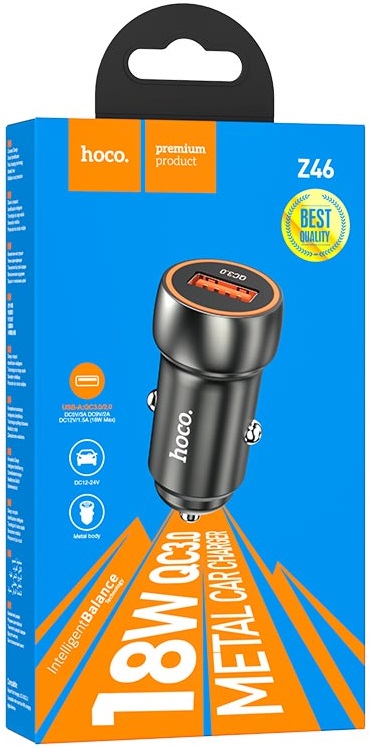 Зарядное устройство от прикуривателя hoco Z46 Blue shield (12/24V - USB, 3А, 18W, быстрая зарядка, QC3.0, grey)