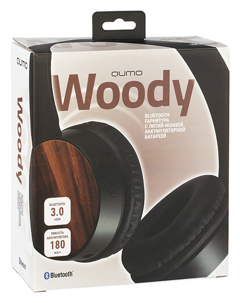 Гарнитура QUMO Woody (накладная закрытая, беспроводная, Bluetooth 3.0+EDR, с микрофоном, 180mAh, до 7 часов работы от батареи, регулируемая подсветка, black)