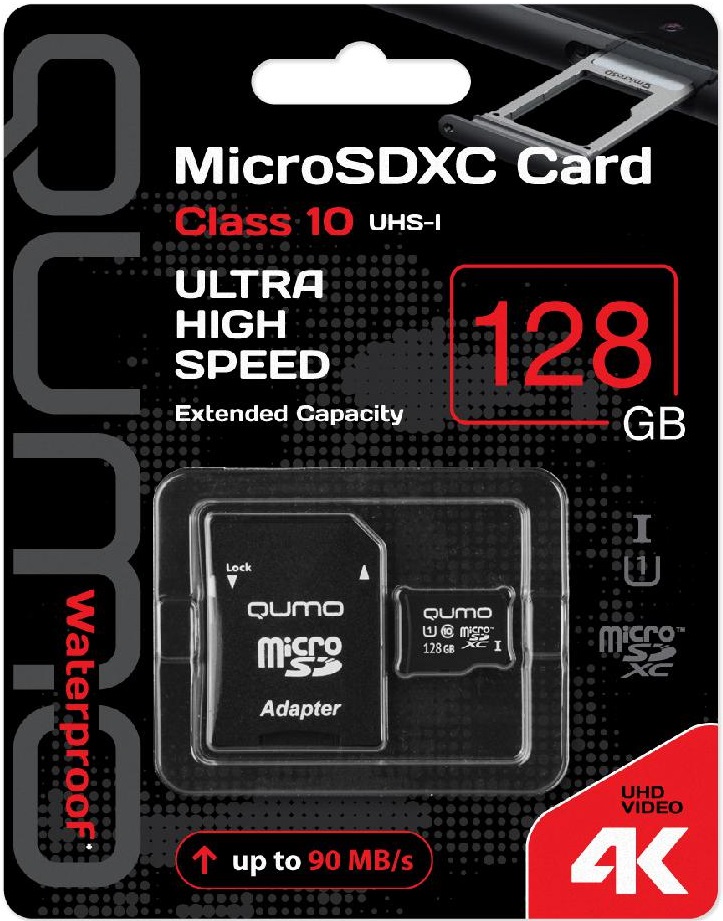 Карта памяти SDXCmicro Card 128Gb QUMO (QM128GMICSDXC10U1, Class 10, UHS-I, 90/30MB/s, адаптер SD)