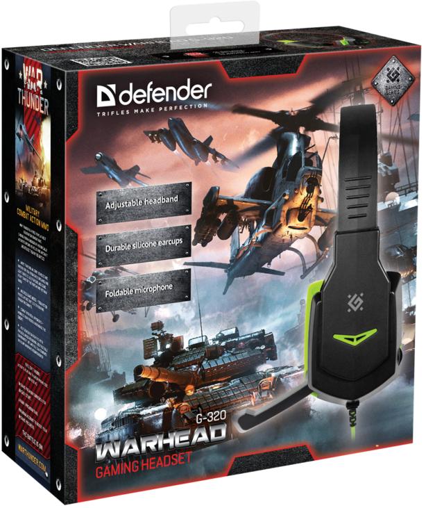 Наушники Defender Warhead G-320 (накладные закрытые, с микрофоном, 1.8m, промо-код "War Thunder", black-green)