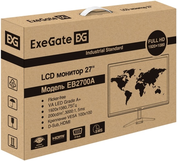 Монитор ExeGate 27" EB2700A black (1920x1080, 75Hz, 3000:1, 178°/178°, 5ms (GTG), 200cd/m2, VA, HDMI)