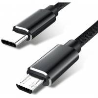 Кабель microUSB (m) - USB Type-C (m) (3A, 60W, нейлоновая оплётка, QC3.0, PD, black)