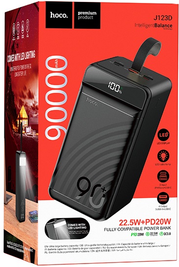 Внешний аккумулятор hoco J123D Element (литий-ионный, 90000mAh, 3*USB 3A max, вход 3A, QC3.0, PD3.0 20W, лампа, black)