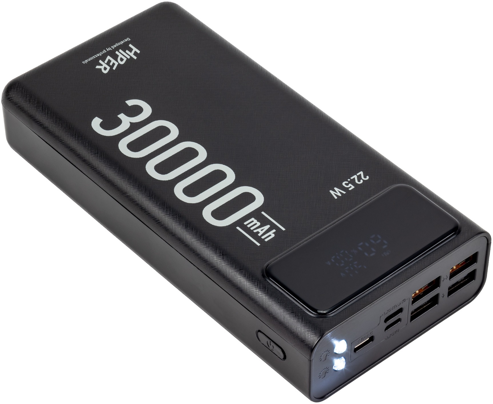 Внешний аккумулятор Hiper DELTA 30000 (литий-полимерный, 30000mAh, Type-C 5-12V 22.5W + USB 5-12V 22.5W + 3*USB 5V 10.5W, вход Type-C 5-12V 20W + Micro USB 5-12V 20W + Lightning 5V 10.5W, QC, BC, PD, black)