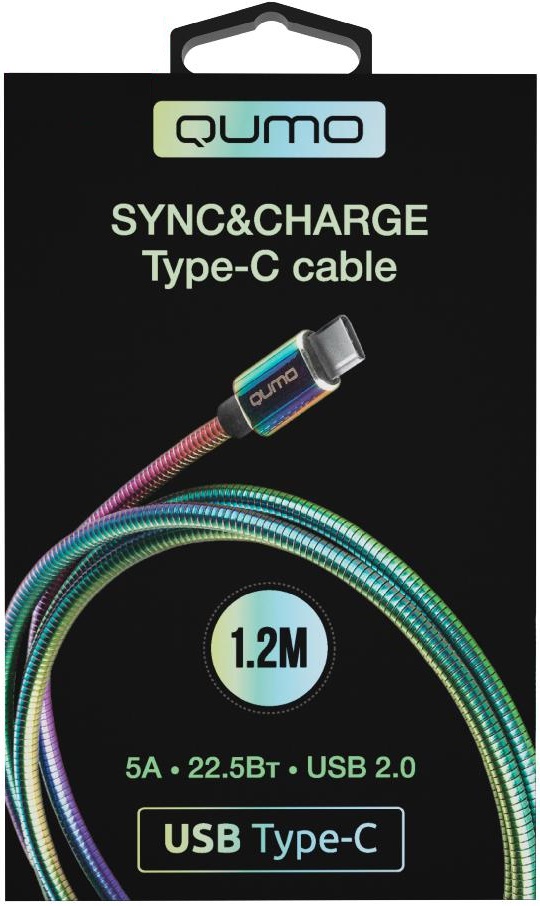 Кабель USB 2.0 Am - Type-C 1.2m (24320, 5A, 22.5W, стальная пружина, rainbow) QUMO