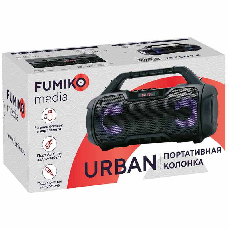 Колонка FUMIKO URBAN (6W, портативная, аккумулятор 1500mAh, Bluetooth, разъем для поключения микрофона, AUX, USB, MicroSD, FM, MP3, фонарь, black)