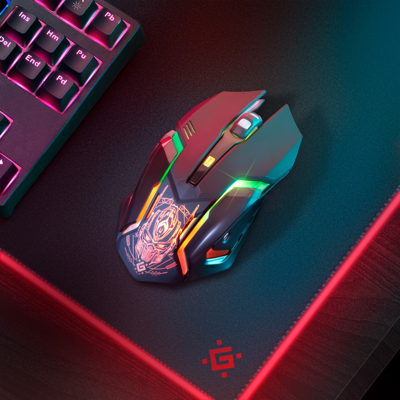 Мышь беспроводная Defender Trigger GM-934 (optical, 3200dpi, аккумулятор 400mAh, RGB подсветка, игровая, редактор макросов, эмуляция клавиш клавиатуры, soft-touch, black)