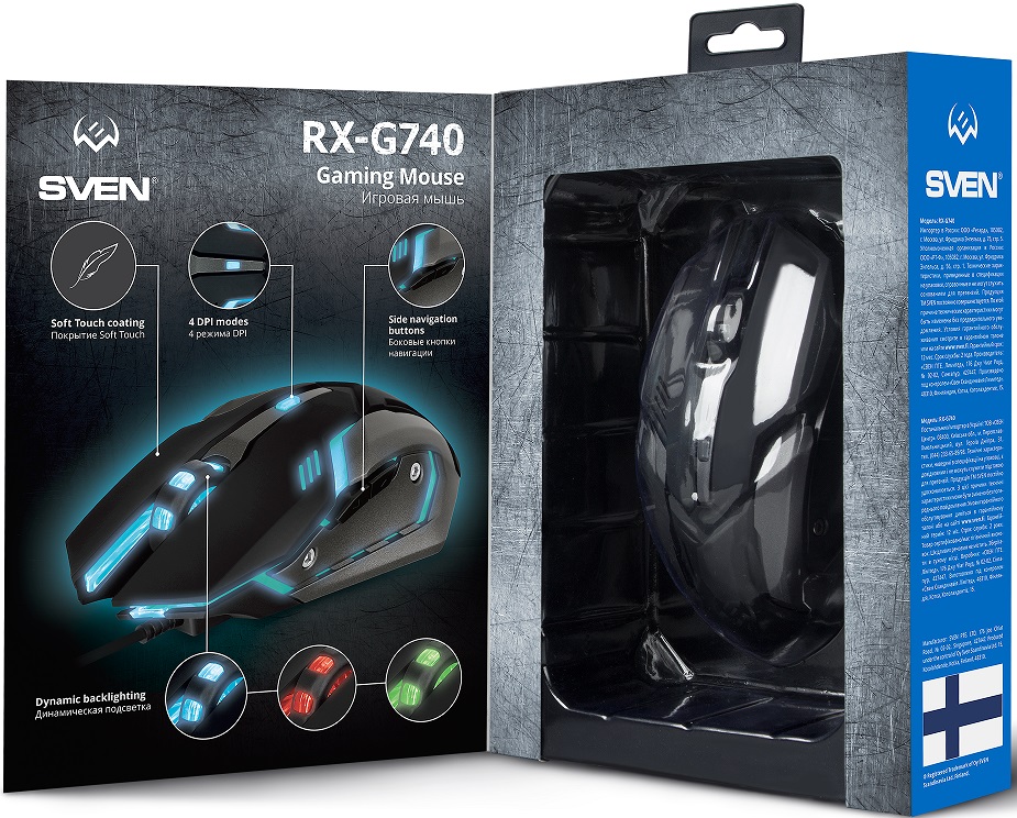 Мышь Sven RX-G740 (USB, optical, 2400dpi, бесшумный клик, игровая, динамическая подсветка, soft-touch, 1.8m, black)