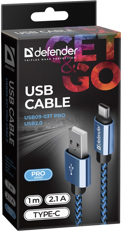 Кабель USB 2.0 Am - Type-C 1.0m (USB09-03T PRO, 2.1A, нейлоновая оплётка, blue) Defender
