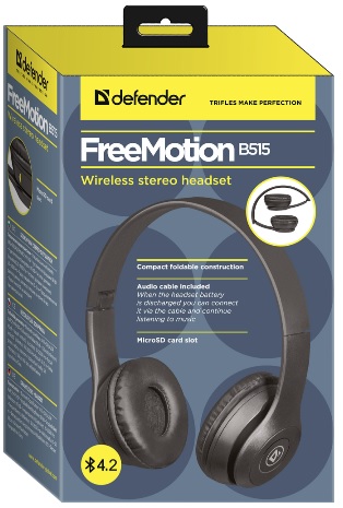 Гарнитура Defender FreeMotion B515 (накладная закрытая, беспроводная, Bluetooth 4.2, с микрофоном, до 6 часов работы от батареи, microSD, black)