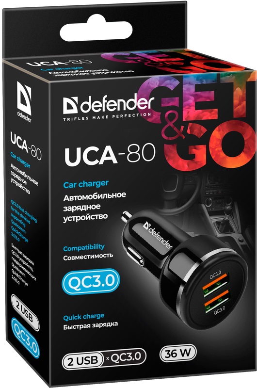 Зарядное устройство от прикуривателя Defender UCA-80 (12-24V, 2 USB разъёма, 5V/2.5A, 9V/2A, 12V/1.5A, 36W, QC3.0, black)