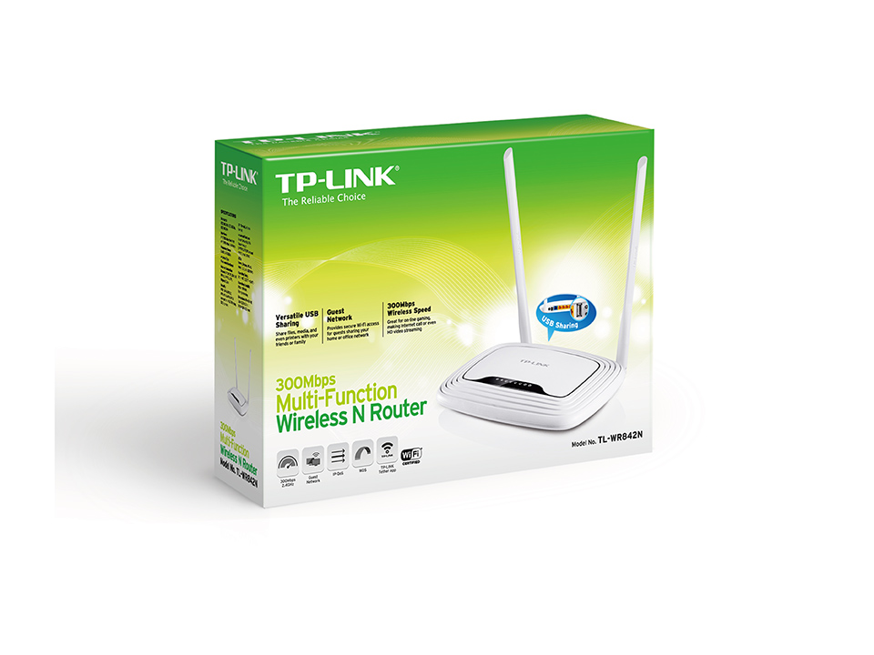 Роутер TP-LINK TL-WR842N (300Mbps, 2.4GHz, 4 ports, 100Mbps, 2 внешние несъёмные антенны 5dBi, USB, USB Printer/FTP Server/3G/4G, white)