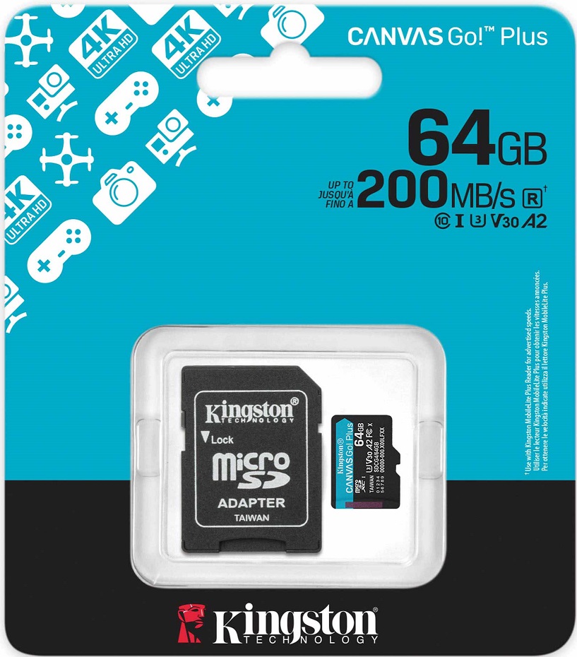 Карта памяти SDXCmicro Card 64Gb Kingston (SDCG4/64GB, Class 10, UHS-I U3, 200/100MB/s, адаптер SD)