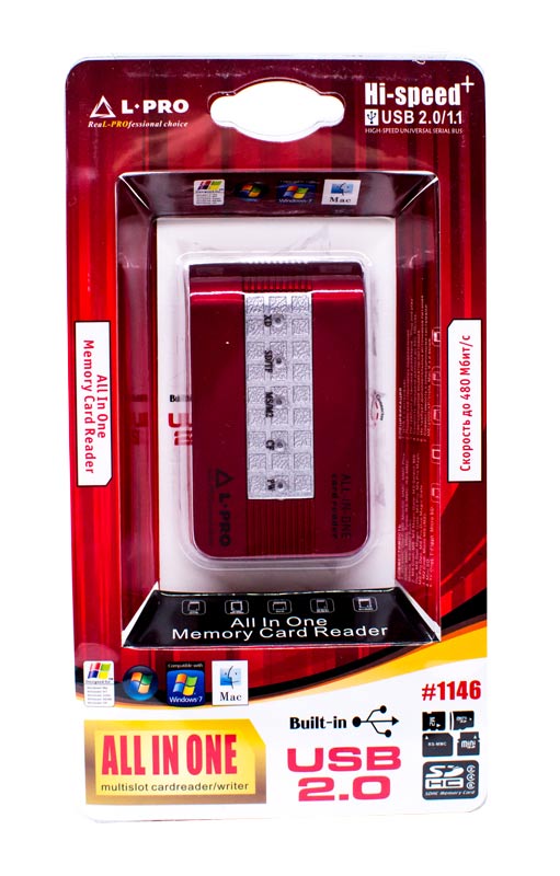 Карт-ридер L-PRO #1146 (microSD, SDHC, M2, MMC, MS, CF, XD, MS Duo, RS-MMC, red, USB2.0)