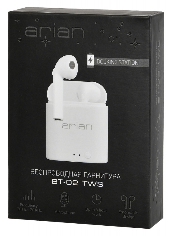 Гарнитура Arian BT-02 TWS (затычки, беспроводная, Bluetooth 5.0, с микрофоном, до 3 часов работы от батареи, white)