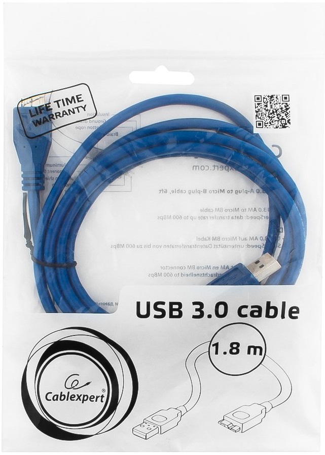 Кабель USB 3.0 Am - micro USB 1.8m (CCP-mUSB3-AMBM-6, медь, двойное экранирование, blue) Cablexpert