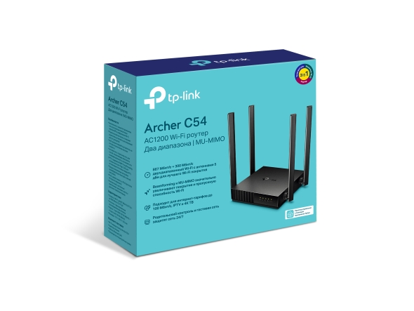 Роутер TP-LINK Archer C54 (RU) (1167Mbps, 2.4/5GHz, 4 ports, 100Mbps, 4 внешние несъёмные антенны, black)